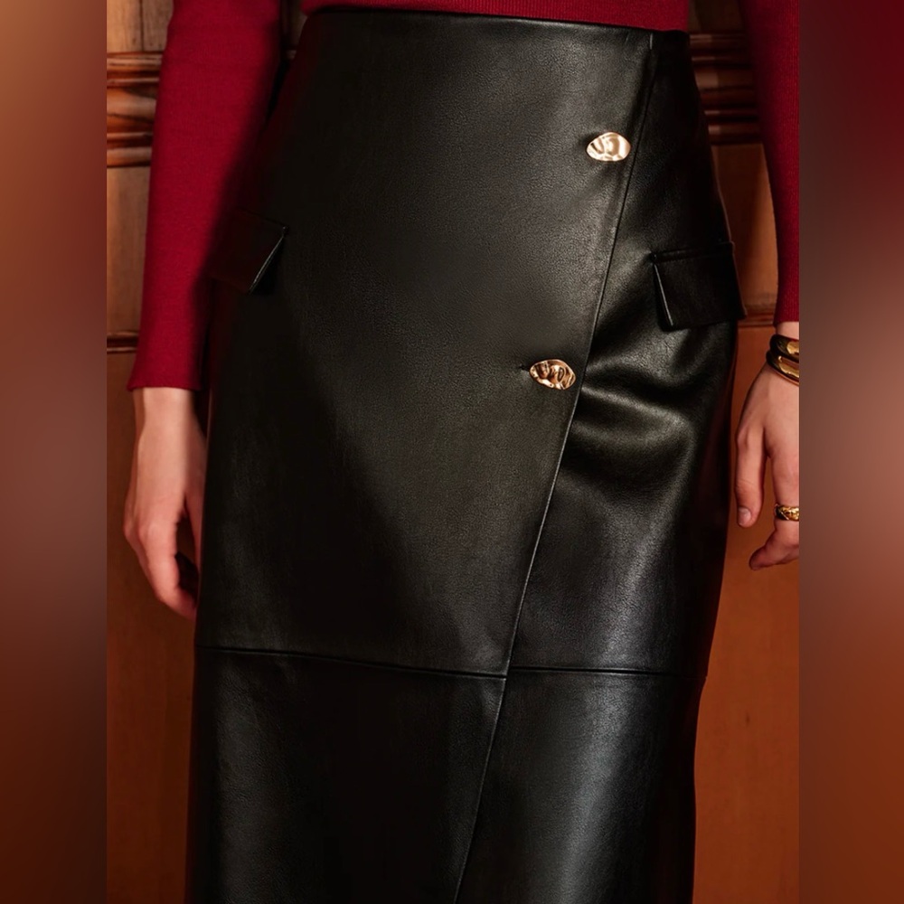 NWT Commense Black PU Leather Buttoned Straight Maxi Skirt - Sz L - Picture 5 of 7